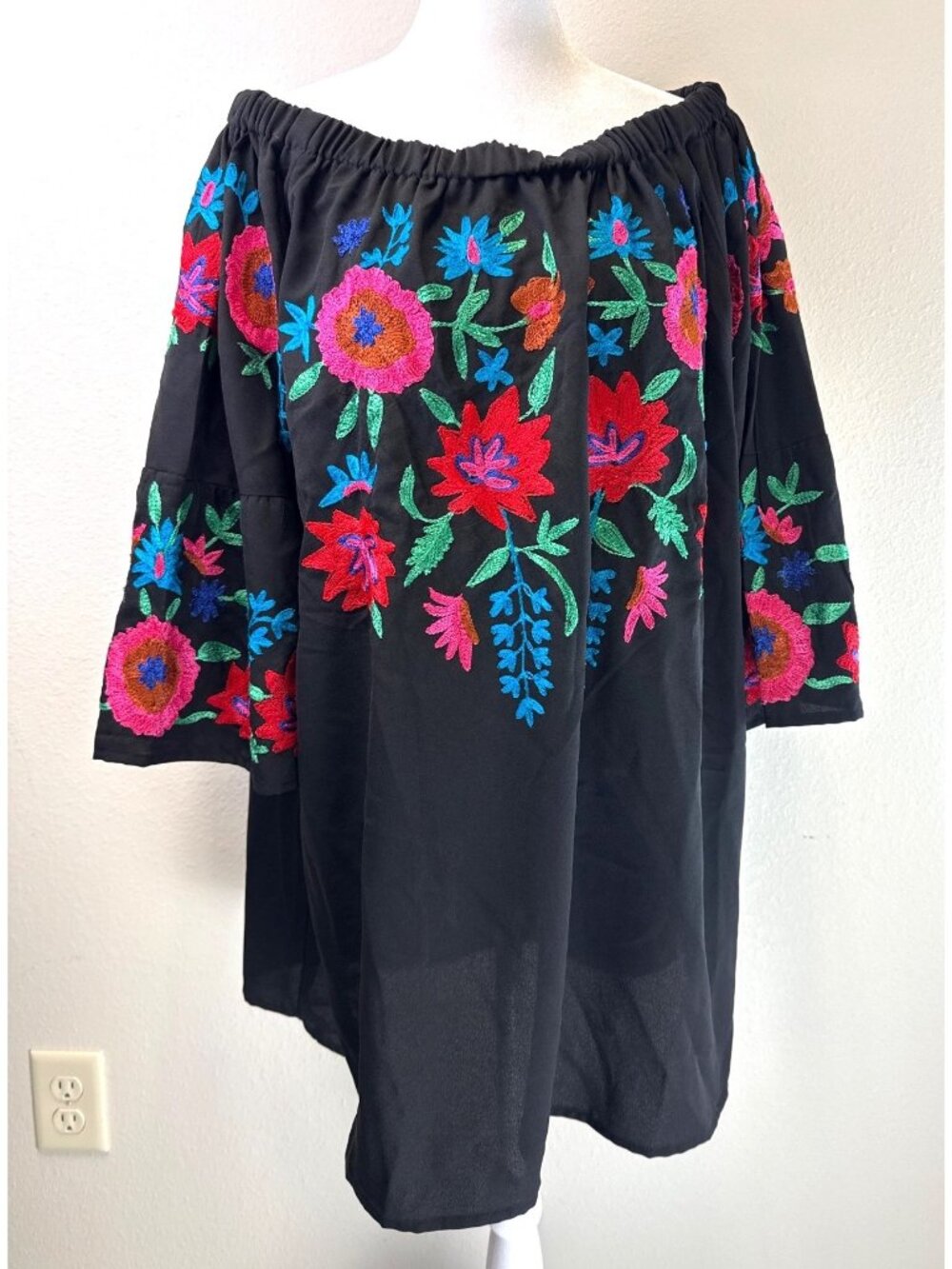 Boho Embroidered Off-Shoulder Mexican Peasant Tunic Top3/4 Bell Sleeves Size 3X